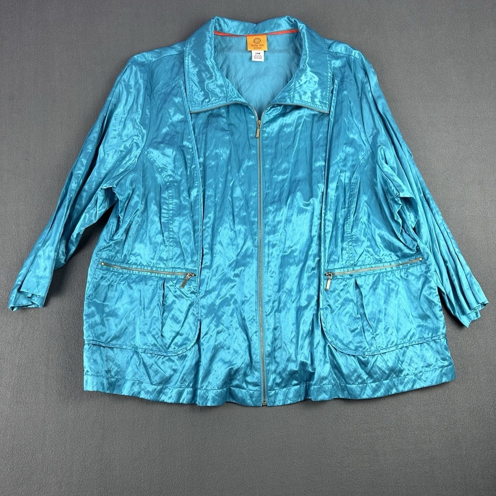 Ruby Rd Woman Electric Metallic Turquoise Crinkle Light Weight Plus Jacket 24W